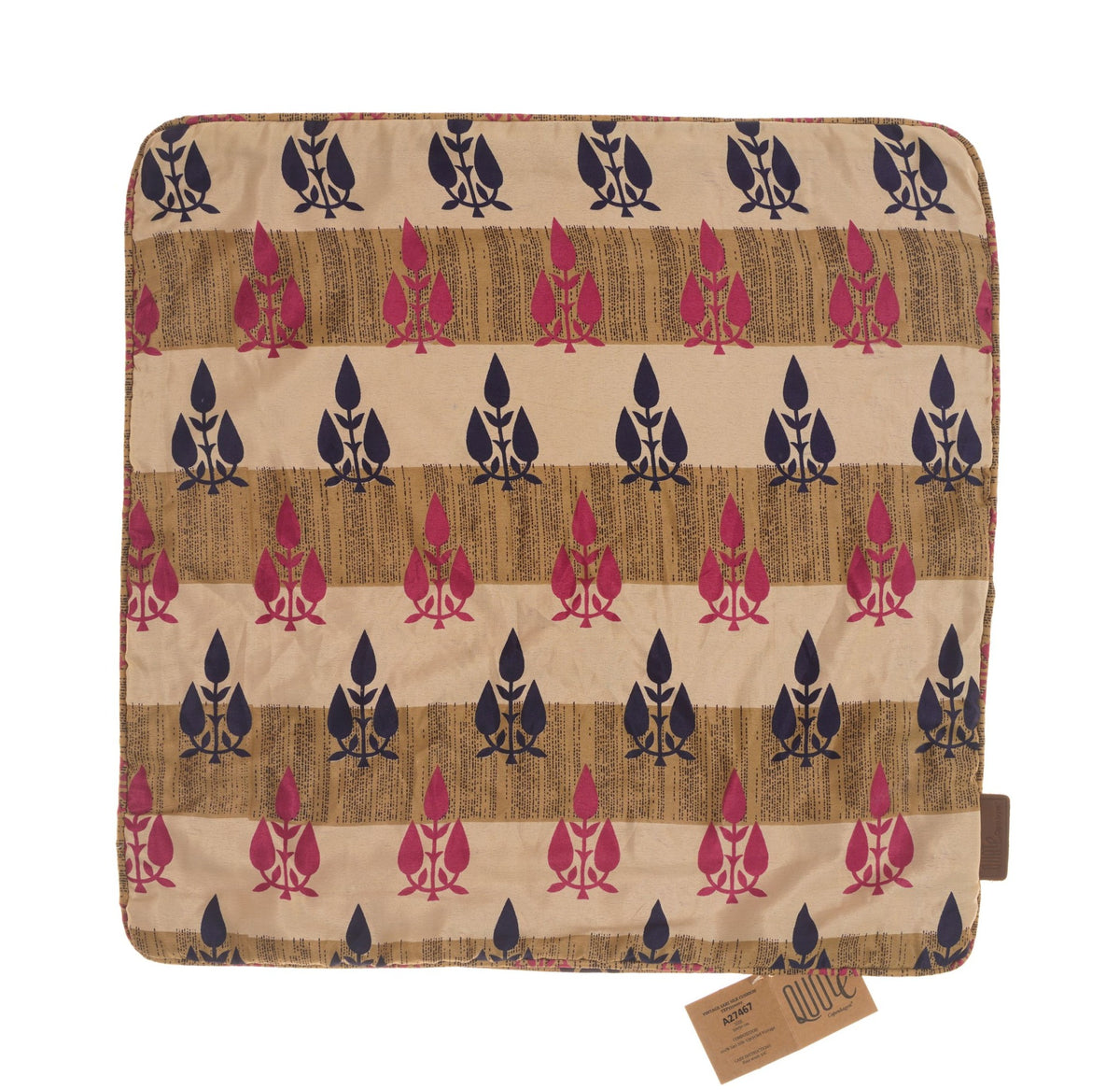 Unique silk pillowcase 50x50 cm with dark petrol background and colorful red suzani flowers and sling pattern in boho vintage style.