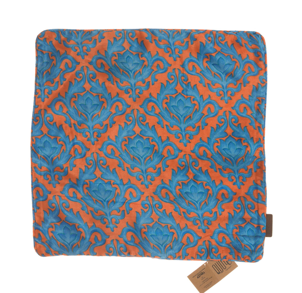 Seidenkissenbezug 50x50 cm in Creme und Fuchsia mit marineblauen, sich wiederholenden Blatt- und Blumenmotiven und gestreiftem Suzani-Oriental-Print, Boho-Vintage-Ethno-Kissen