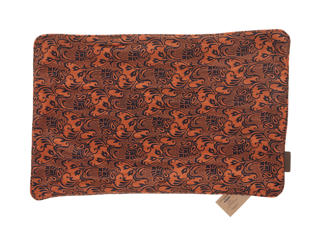 Silk pillowcase 60x40 cm in rust orange with dark blue and black suzani-inspired oriental pattern in boho ethnic vintage style.