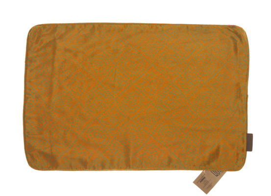 Seidenkissenbezug 60x40 cm mit farbenfrohem orientalischem Muster in Ocker und dunkelgrünen Details, ähnlich einem Sari-Kissenbezug im Boho-Vintage-Stil.