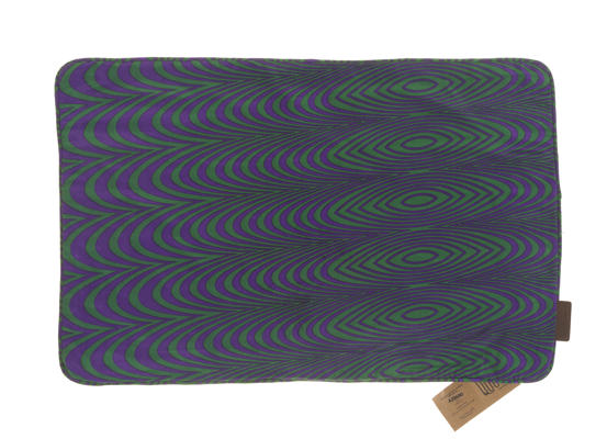 Silk pillowcase 60x40 cm in emerald green and purple with colorful oriental pattern of twisted circles in boho vintage and ethnic style.