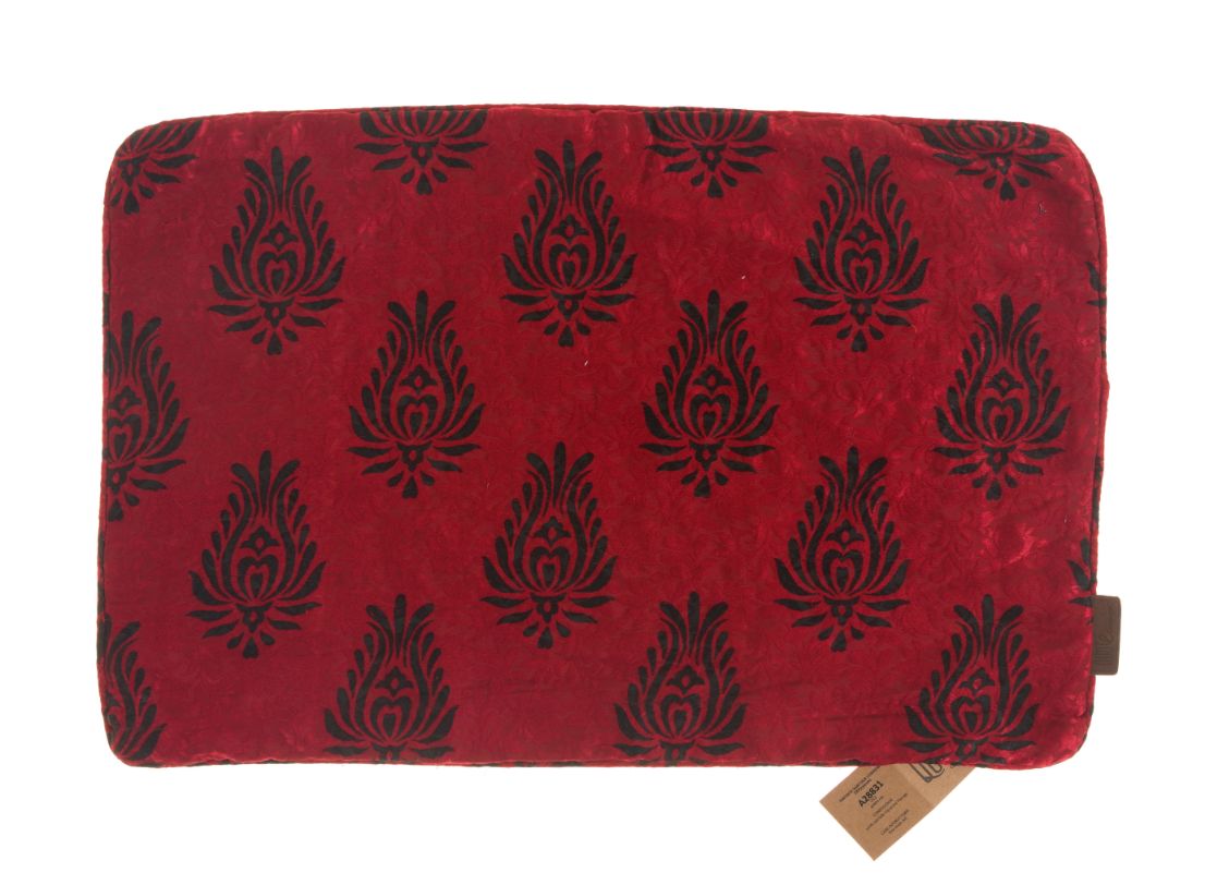 Silk Indian sari pillowcase 60x40 cm in deep red with black damask lotus ornaments, oriental ethnic boho vintage colorful look.