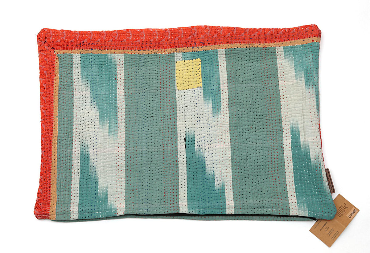 Turquoise and coral colored Sari Kantha cushion cover with unique pattern and subtle yellow square. Perfect addition for a touch of color and texture in your decor. Size: 60 x 40 cm.