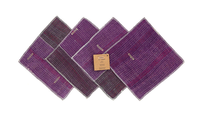 Set of 4 coasters in purple and dark grey with checkered weave, red dots and border, 18x18 cm each