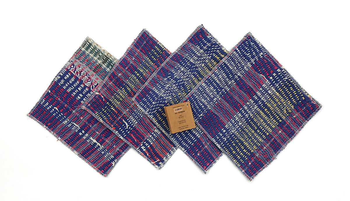 Set of 4 coasters 18x18 cm in blue, red and white striped pattern with yellow details