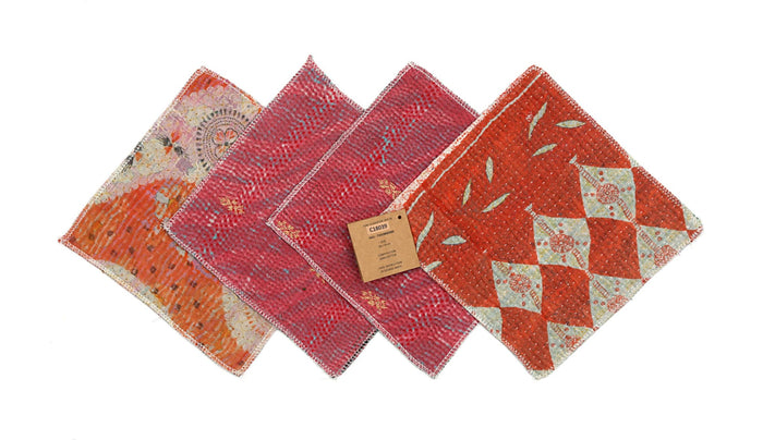 Set of 4 coasters 18x18 cm in red, orange and pink colors with patchwork patterns and embroidered border
