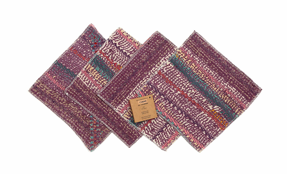 Set of 4 coasters 18x18 cm in purple/dark burgundy with colorful patterns, turquoise and orange details as well as white polka dot pattern and visible white edges