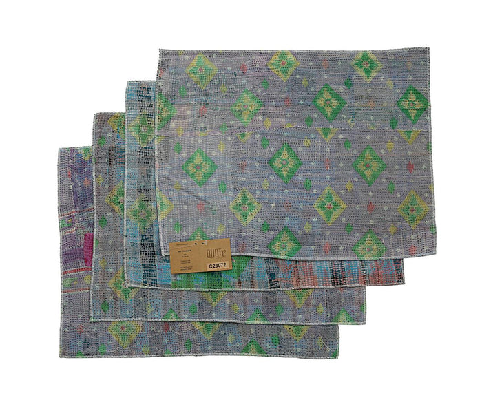 Set of 4 placemats 33x44 cm in grey design with colorful green, yellow and blue diamond/pattern prints