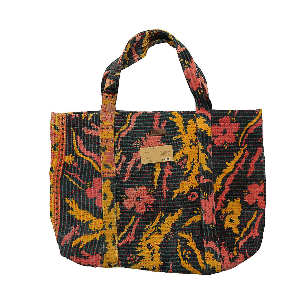 Quiltet blomsterprintet tote-taske i sort med pink og sennepsgult botanisk print og skulderstropper