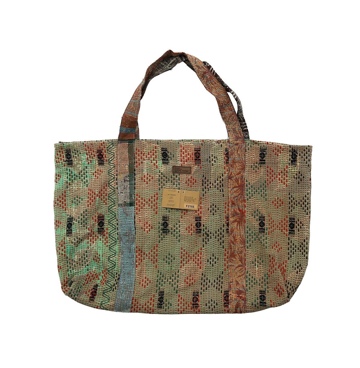Flerfarvet kantha-søm tote-taske med patchwork-design og lange skulderstropper til hverdagsshopping og rejser