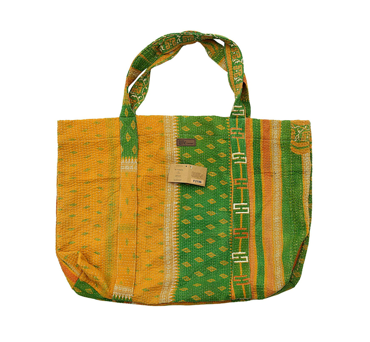 Grøn og sennepsgul håndlavet kantha-totetaske med stribet broderet patchwork og skulderhåndtag