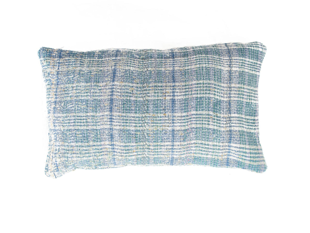Sari pillowcase 30x50 with patchwork pattern in mustard yellow, blue and purple with circles and decorative details