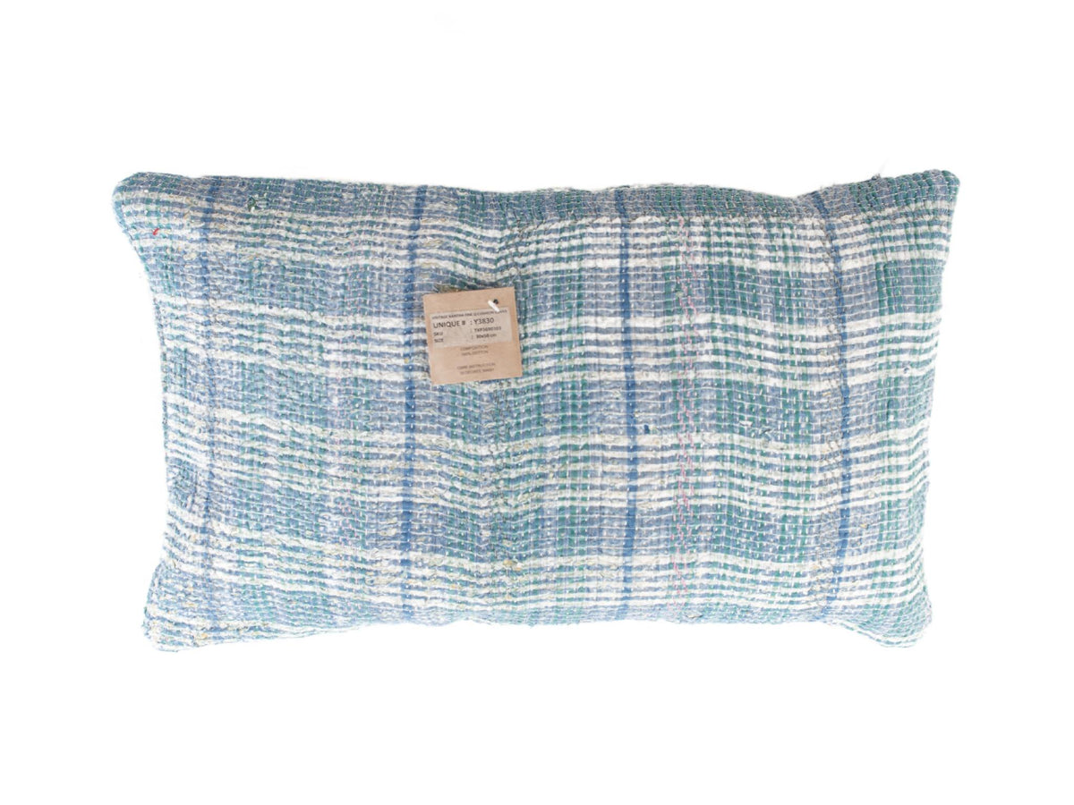 Sari pillowcase 30x50 with unique vintage pattern in blue, turquoise and green shades - colorful Indian sari pillows/bohemian pillows in ethnic style.