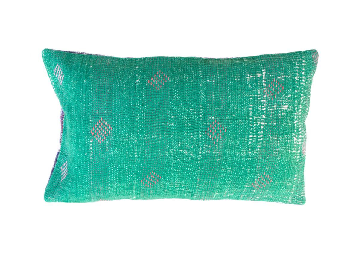 Purple sari pillowcase in 30x50 cm with colorful ethnic details, white dots and discreet red stripe - unique Indian boho pillow for sofa and bed