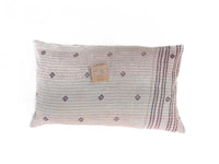 Sari pillowcase 30x50 in white and gray with boho/bohemian stripes and small flower patterns in dark brown shades, unique Indian vintage sari pillow design