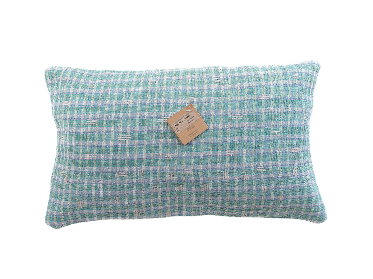 Blue and turquoise Indian sari pillowcase for sari cushion (30x50) with vintage boho bohemian pattern and colorful embroidery details - unique upcycled Indian pillowcase for sofa and armchair