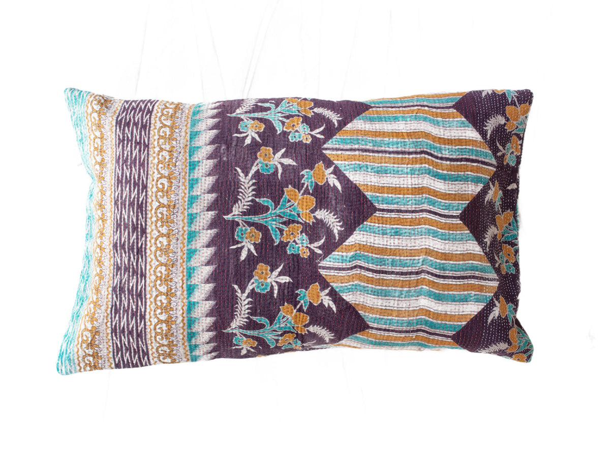 Sari pillowcase 60x40 in dark blue and coral colors with colorful check patterns and floral motifs - unique vintage oriental boho/sari pillow in upcycled Indian textile