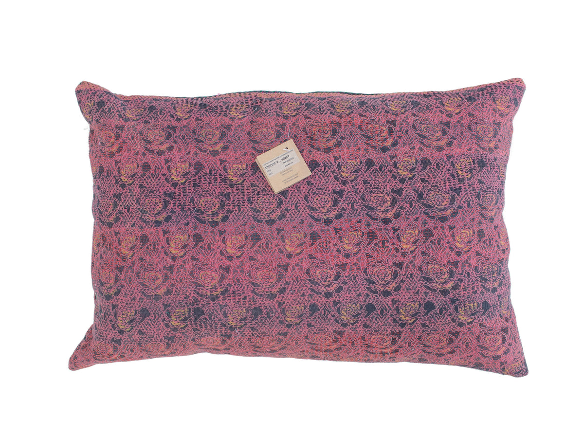 Sari pillowcase 60x40 with unique boho/bohemian pattern in green, coral orange and dusty beige with white stripes and flowers, Indian upcycled sari pillow for sofa and bed
