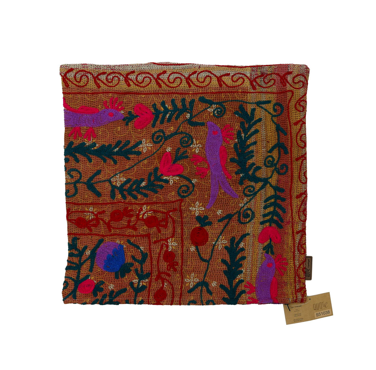 Colorful suzani pillowcase in brown woven textile with oriental embroidered figures in red, purple and turquoise for boho vintage