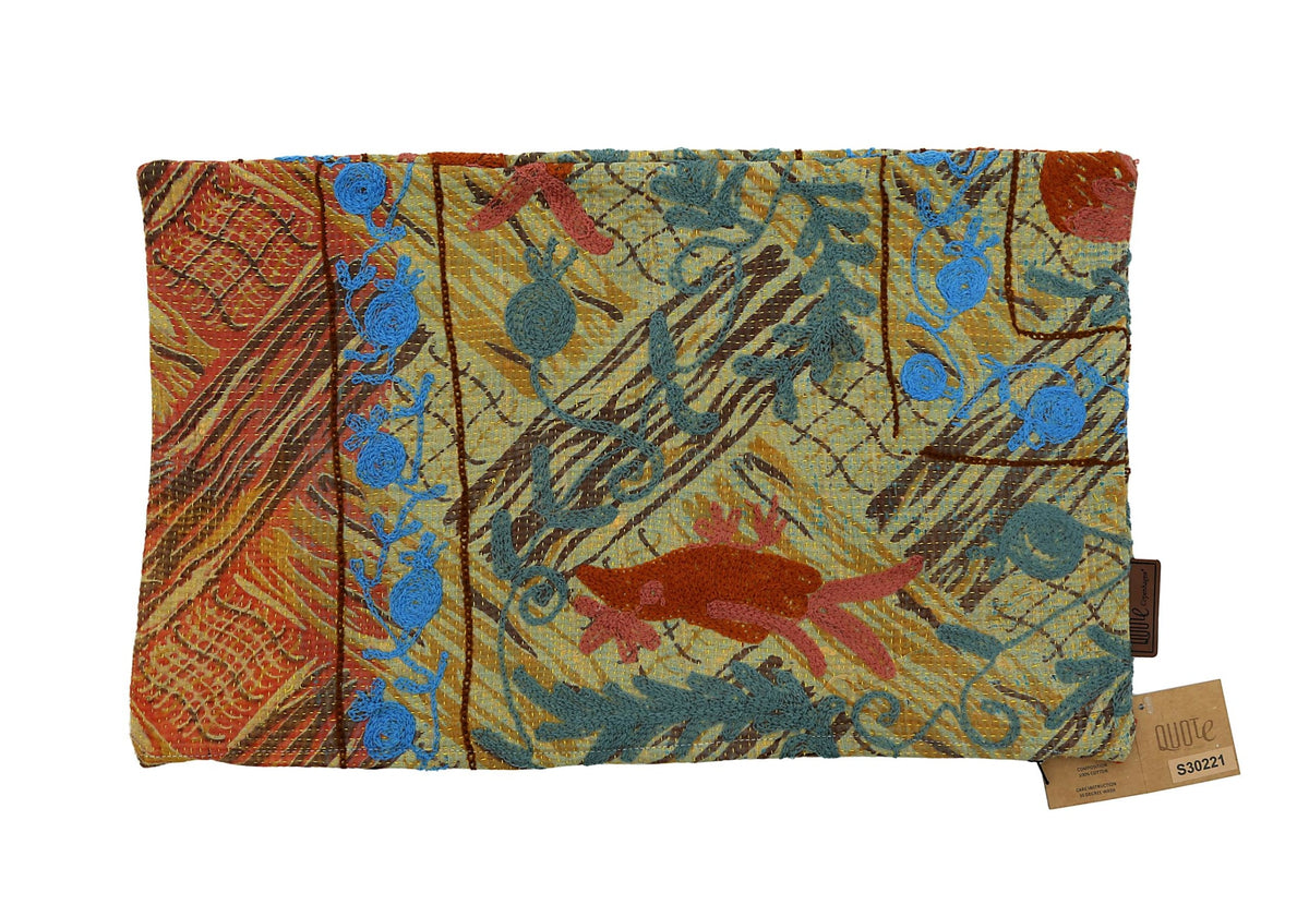 Unique suzani pillowcase 30x50 cm as a sari pillow with colorful oriental pattern in blue turquoise red and ochre with embroidered slings and flowers
