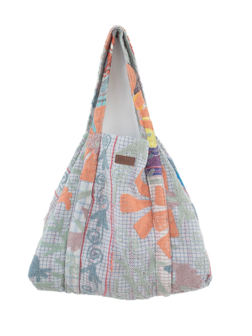 Pastelblomsterprintet patchwork-quiltet skuldertaske med bred rem og boheme-løstsiddende design