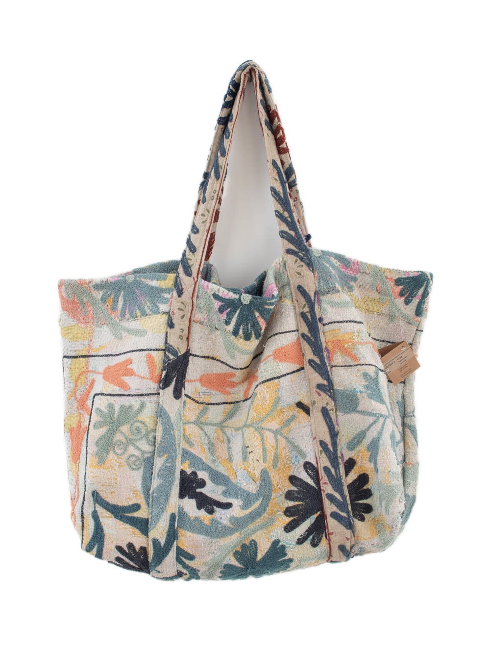 Vintage Suzani beach bag with embroidery in navy blue, yellow, green and peach, front view