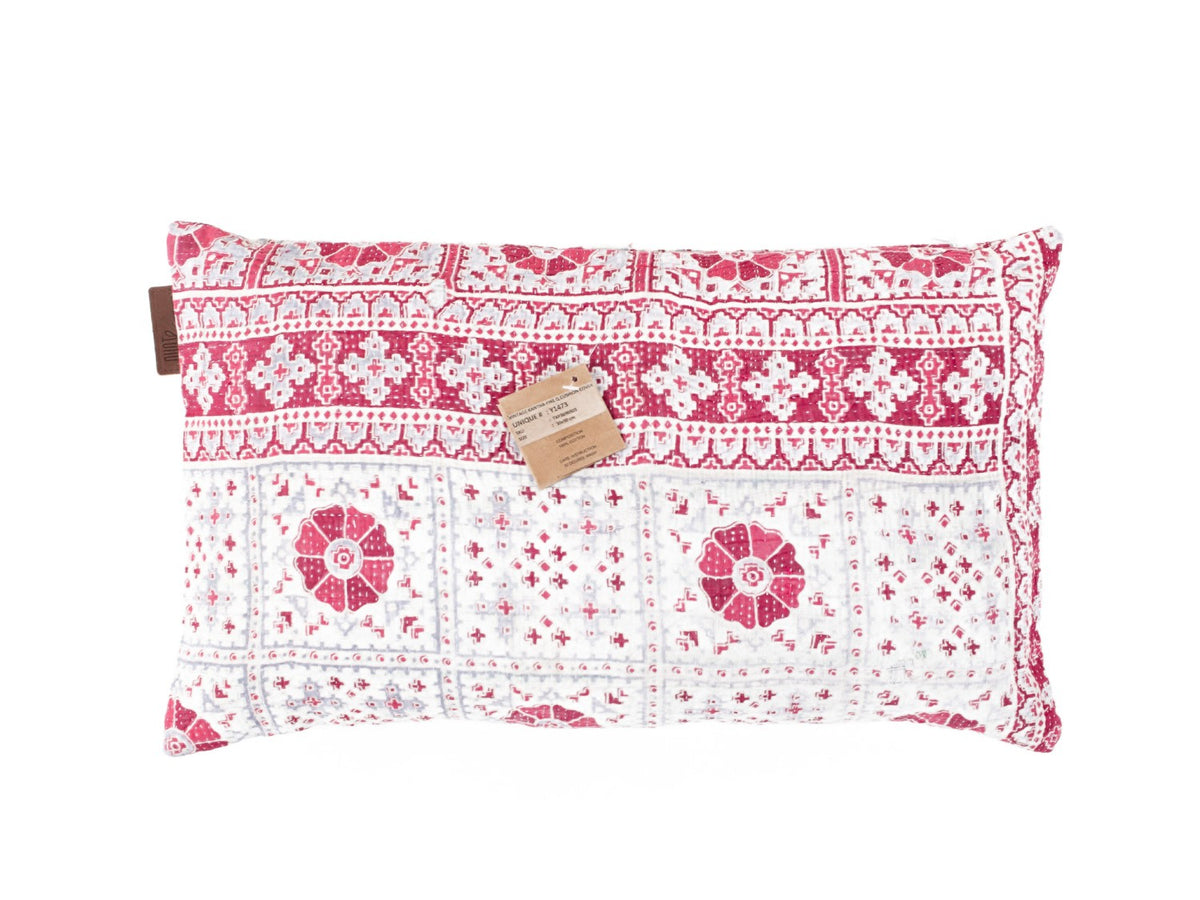 Sari pillowcase 30x50 in white and gray with colorful Indian, vintage bohemian patterns and red floral ornaments as well as ethnic sari pillow look