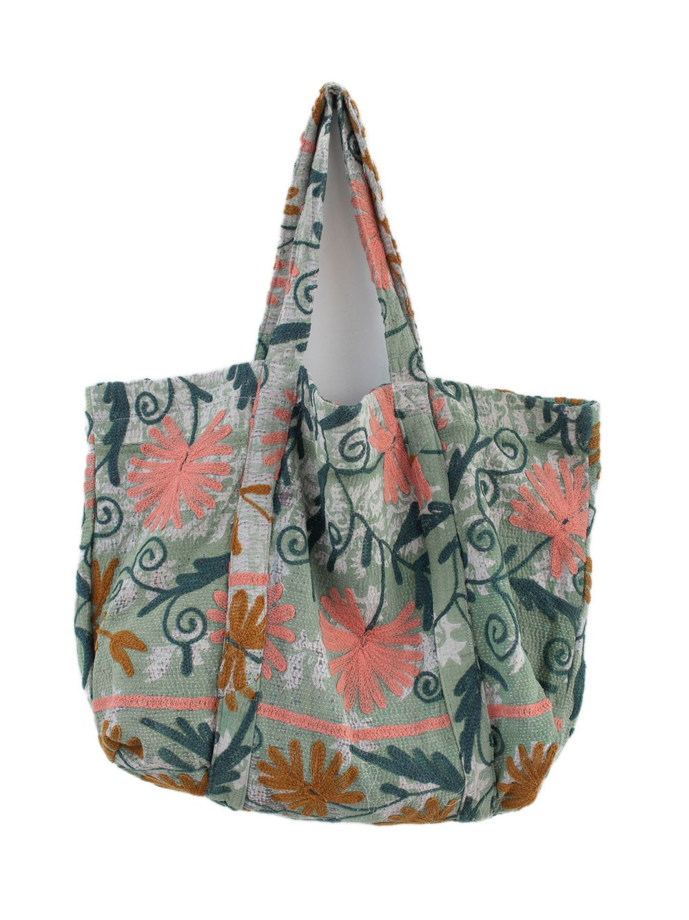 Vintage Suzani beach bag with embroidery in light green, dark green, pink and ochre, front view