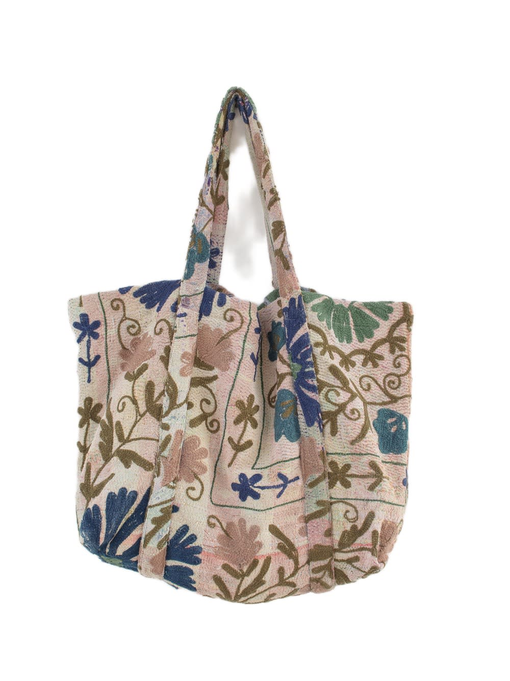 Vintage Suzani beach bag with embroidery in pink, blue and olive green, front view