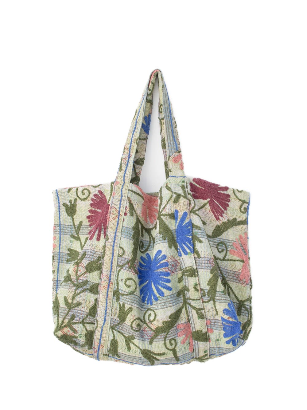 Vintage Suzani beach bag with embroidery in green, pink and blue, front view