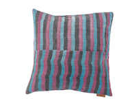 50x50 sari pillowcase in bohemian/boho style with colorful stripes in blue, pink and dark gray, vintage Indian textile for sari pillows and unique pillows.