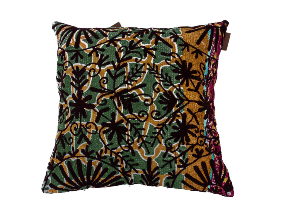 Unique suzani pillowcase 50x50 cm with colorful pattern in green, ochre and burgundy as well as dark brown floral lines for boho and vintage decor.