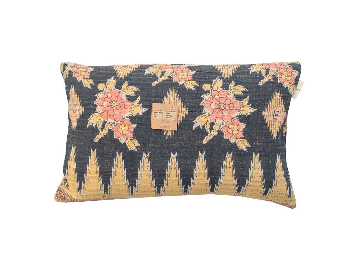 Sari pillowcase 30x50 cm in vintage boho style with dark blue/black base, golden yellow patterns and pink flowers, Indian sari pillow with ethnic oriental design