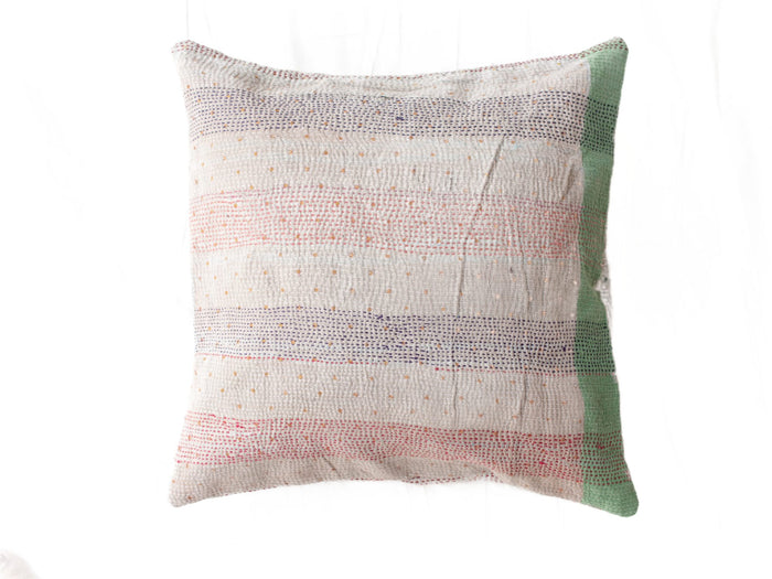 Sari pillowcase 50x50 in white and off-white with colorful dots and stripes, boho bohemian vintage pattern and green contrast border, Indian upcycled sari pillow/Indian pillowcases