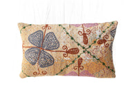 Unique suzani pillowcase 30x50 cm in beige woven fabric with colorful vintage pattern in navy blue green leaves purple details and brown slings for boho pillow