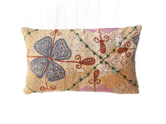 Unique suzani pillowcase 30x50 cm in beige woven fabric with colorful vintage pattern in navy blue green leaves purple details and brown slings for boho pillow