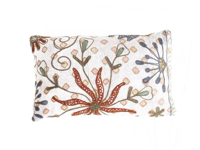 White suzani pillowcase 30x50 cm with colorful oriental embroidery: winding flowers in terracotta dark blue and dusty green boho vintage