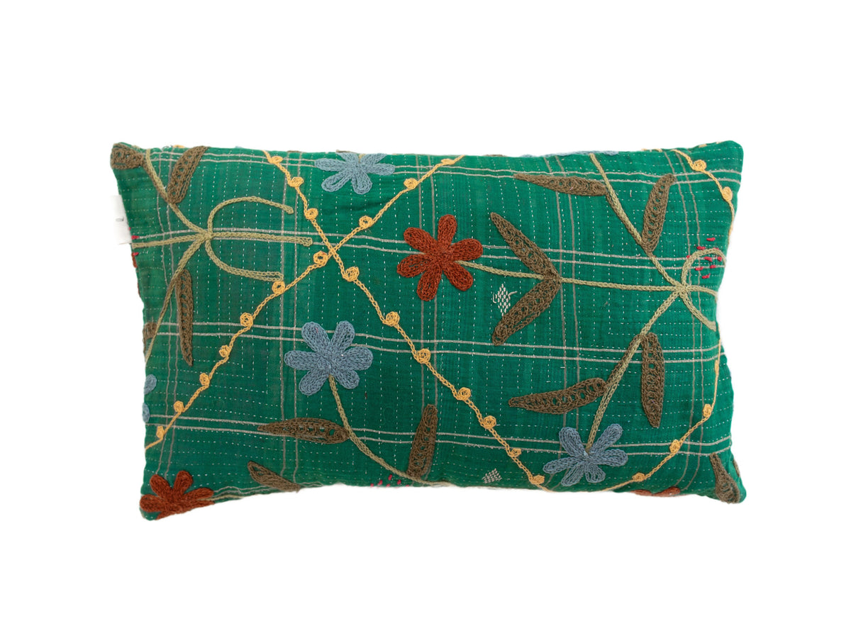 Green suzani pillowcase 30x50 cm with checkered white pattern and embroidered flowers in beige blue and rust oriental boho ethnic style.