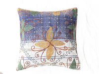 Unique suzani pillowcase 50x50 with blue checkered fabric and colorful oriental vintage embroidery in orange brown swirls green leaves and yellow flowers