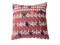 Suzani pillowcase 50x50 cm in red and dusty pink with white flowers, dark blue and olive embroidered stars in boho vintage ethnic style.